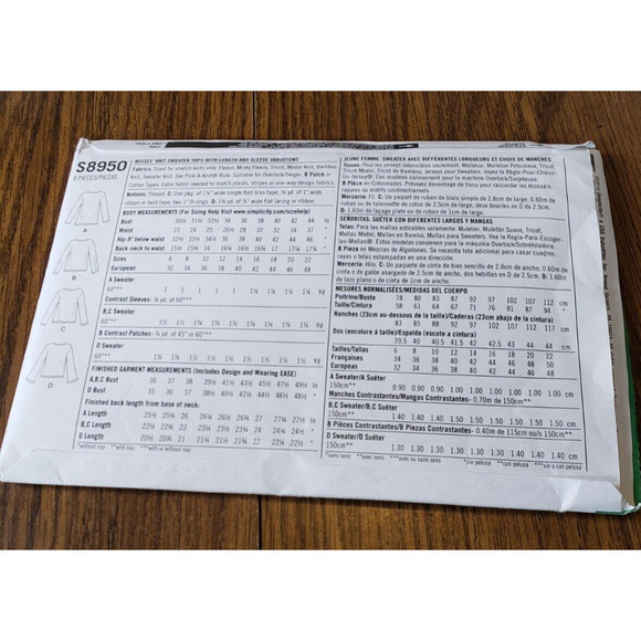 Simplicity Pattern S8950 Ms V-Neck Knit Sweater Tops w/Length~Sleeve Size 6-14 - Picture 2 of 6